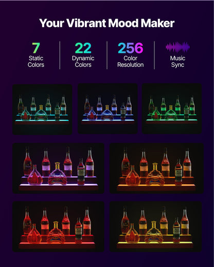 LED Lighted Liquor Bottle Display, 2-Tier 30-Inch Whiskey Rack, Support USB, Illuminated Home Bar Shelf with RF Remote & App Control, 7 Static Colors, Acrylic+ Wood Lighted Shelf for 15 Bottles