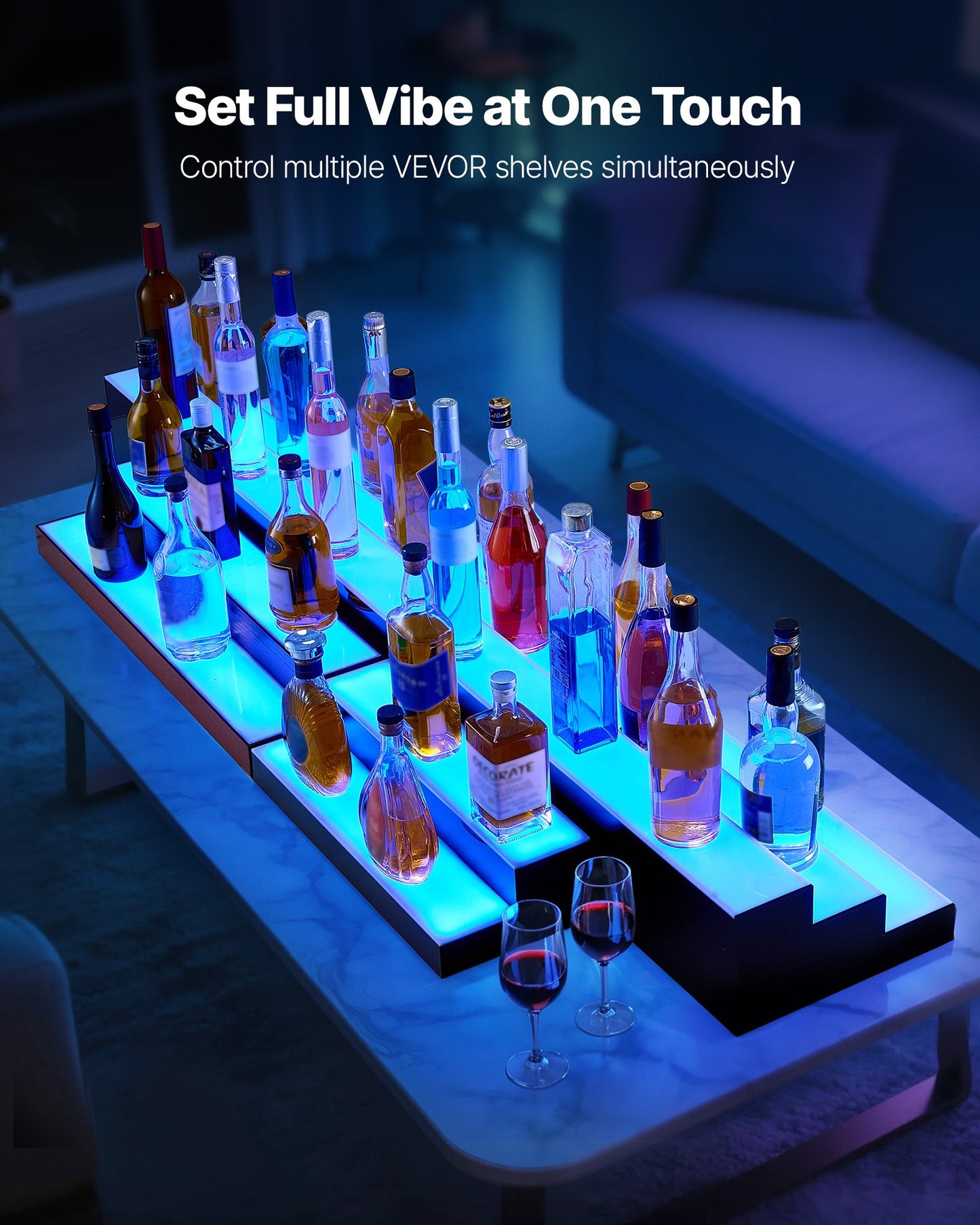 LED Lighted Liquor Bottle Display, 2-Tier 30-Inch Whiskey Rack, Support USB, Illuminated Home Bar Shelf with RF Remote & App Control, 7 Static Colors, Acrylic+ Wood Lighted Shelf for 15 Bottles