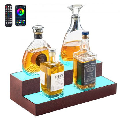 LED Lighted Liquor Bottle Display, 2-Tier 16 Inch Whiskey Rack, Supports USB, Illuminated Home Bar Shelf with RF Remote & App Control, 7 Static Colors, Acrylic+ Wood Lighted Shelf for 8 Bottles