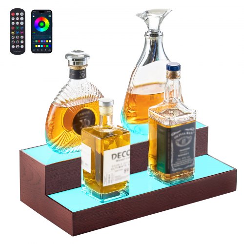 LED Lighted Liquor Bottle Display, 2-Tier 16 Inch Whiskey Rack, Supports USB, Illuminated Home Bar Shelf with RF Remote & App Control, 7 Static Colors, Acrylic+ Wood Lighted Shelf for 8 Bottles