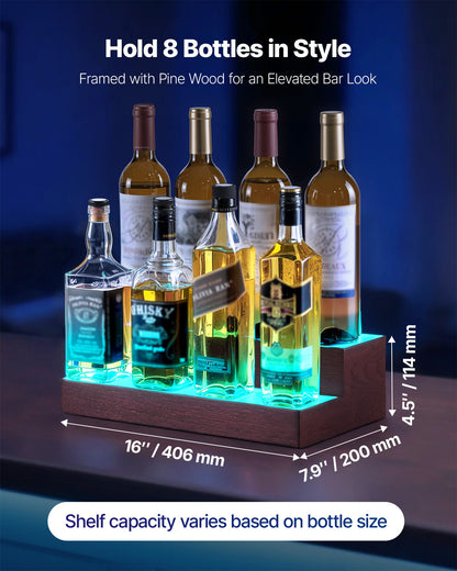 LED Lighted Liquor Bottle Display, 2-Tier 16 Inch Whiskey Rack, Supports USB, Illuminated Home Bar Shelf with RF Remote & App Control, 7 Static Colors, Acrylic+ Wood Lighted Shelf for 8 Bottles