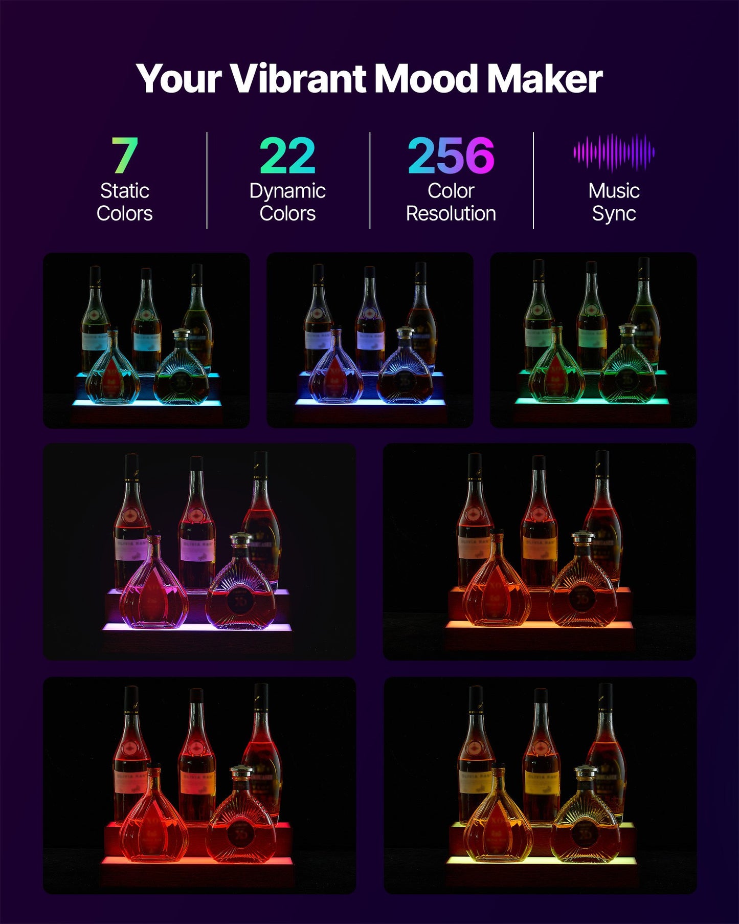 LED Lighted Liquor Bottle Display, 2-Tier 16 Inch Whiskey Rack, Supports USB, Illuminated Home Bar Shelf with RF Remote & App Control, 7 Static Colors, Acrylic+ Wood Lighted Shelf for 8 Bottles