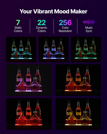 LED Lighted Liquor Bottle Display, 2-Tier 16 Inch Whiskey Rack, Supports USB, Illuminated Home Bar Shelf with RF Remote & App Control, 7 Static Colors, Acrylic+ Wood Lighted Shelf for 8 Bottles