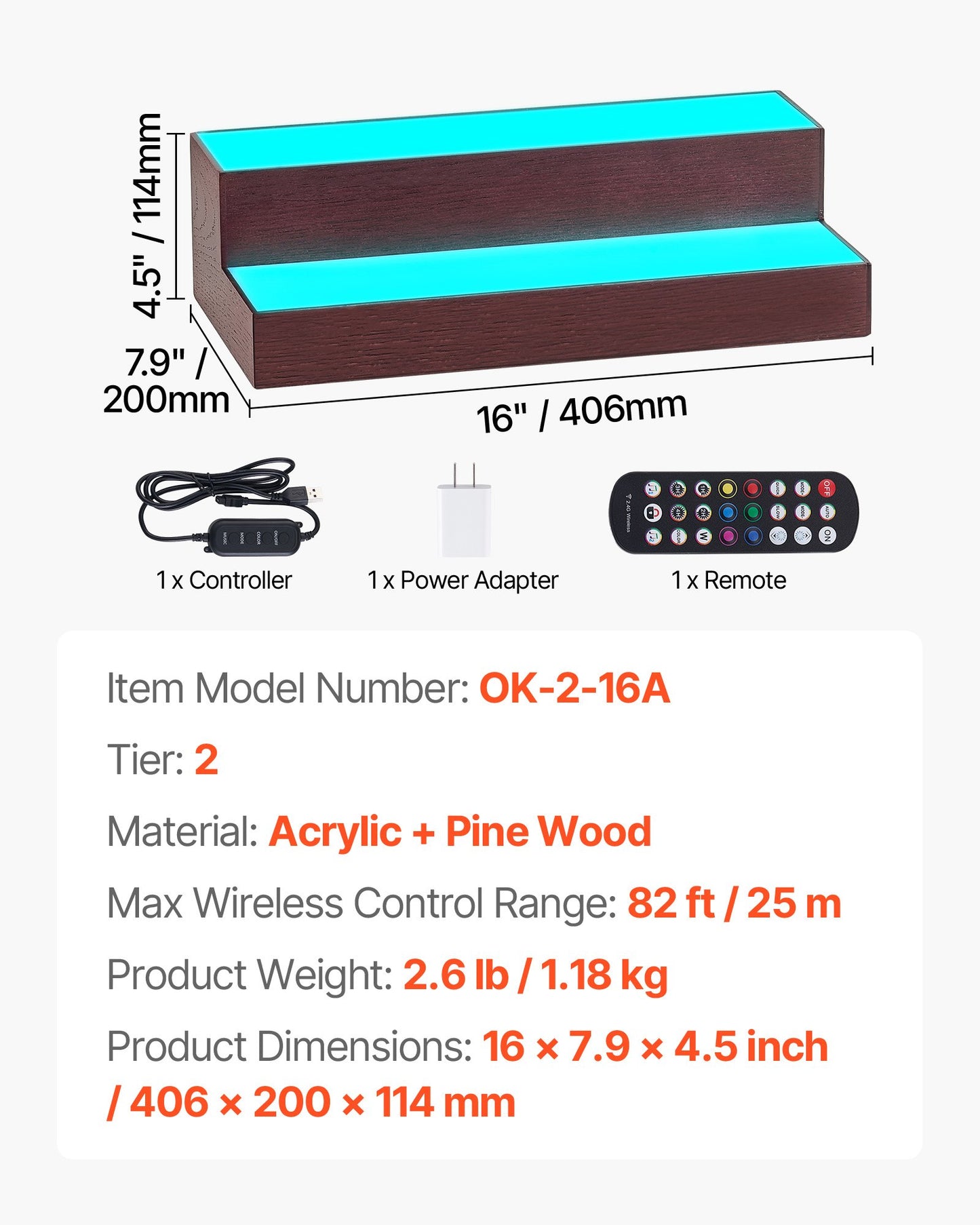 LED Lighted Liquor Bottle Display, 2-Tier 16 Inch Whiskey Rack, Supports USB, Illuminated Home Bar Shelf with RF Remote & App Control, 7 Static Colors, Acrylic+ Wood Lighted Shelf for 8 Bottles