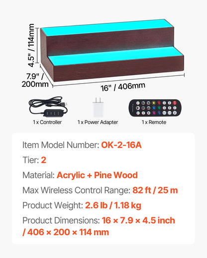 LED Lighted Liquor Bottle Display, 2-Tier 16 Inch Whiskey Rack, Supports USB, Illuminated Home Bar Shelf with RF Remote & App Control, 7 Static Colors, Acrylic+ Wood Lighted Shelf for 8 Bottles