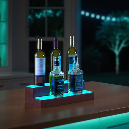 LED Lighted Liquor Bottle Display, 2-Tier 16 Inch Whiskey Rack, Supports USB, Illuminated Home Bar Shelf with RF Remote & App Control, 7 Static Colors, Acrylic+ Wood Lighted Shelf for 8 Bottles