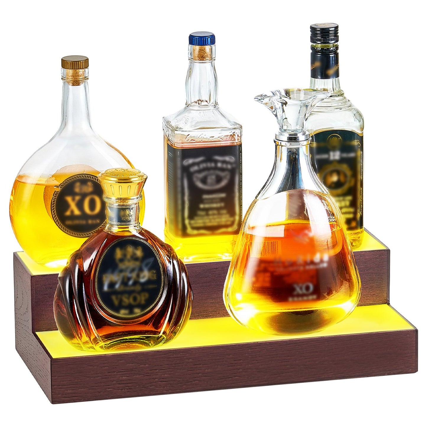 LED Lighted Liquor Bottle Display, 2-Tier 16 Inch Whiskey Rack, Supports USB, Illuminated Home Bar Shelf with RF Remote & App Control, 7 Static Colors, Acrylic+ Wood Lighted Shelf for 8 Bottles