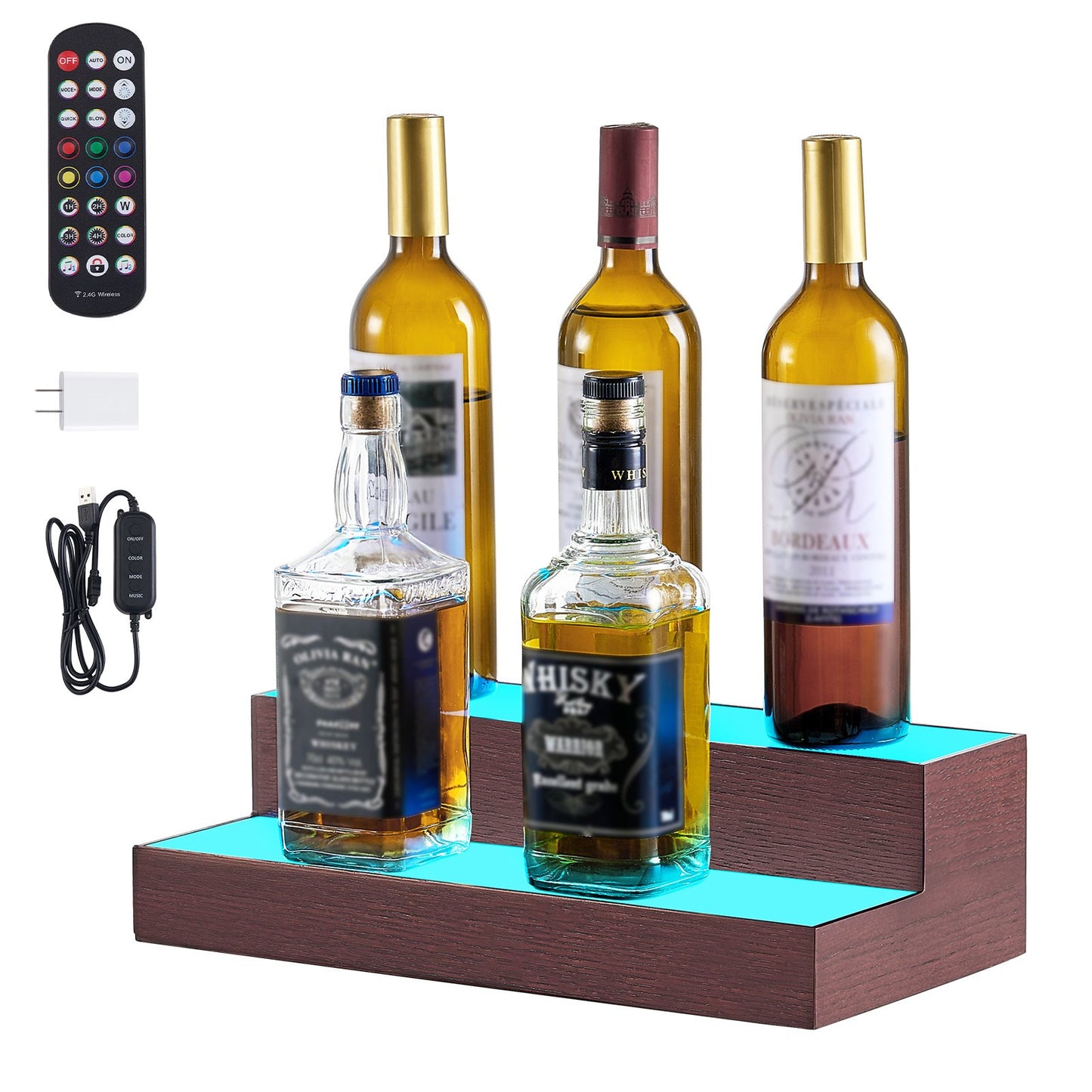 LED Lighted Liquor Bottle Display, 2-Tier 16 Inch Whiskey Rack, Supports USB, Illuminated Home Bar Shelf with RF Remote & App Control, 7 Static Colors, Acrylic+ Wood Lighted Shelf for 8 Bottles