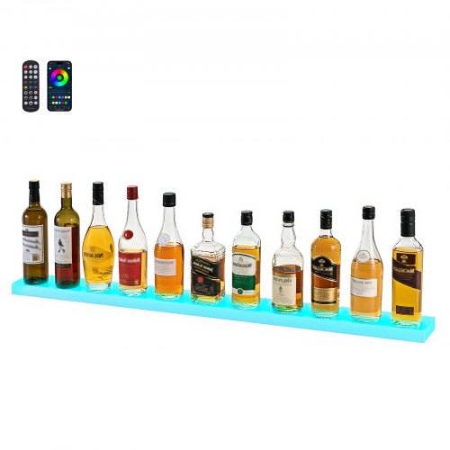 LED Lighted Liquor Bottle Display, 1-Tier 48 Inches Whiskey Rack, Supports USB, Illuminated Home Bar Shelf with RF Remote & App Control, 7 Static Colors, Acrylic Lighted Shelf for 12 Bottles