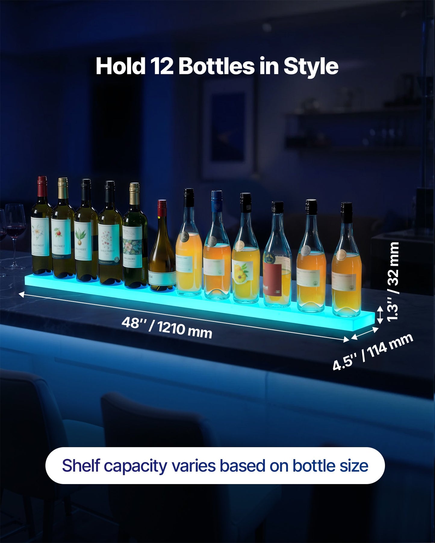 LED Lighted Liquor Bottle Display, 1-Tier 48 Inches Whiskey Rack, Supports USB, Illuminated Home Bar Shelf with RF Remote & App Control, 7 Static Colors, Acrylic Lighted Shelf for 12 Bottles