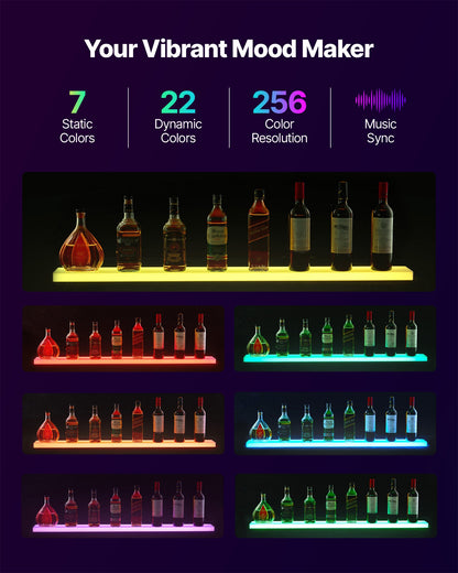 LED Lighted Liquor Bottle Display, 1-Tier 48 Inches Whiskey Rack, Supports USB, Illuminated Home Bar Shelf with RF Remote & App Control, 7 Static Colors, Acrylic Lighted Shelf for 12 Bottles