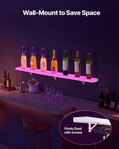 LED Lighted Liquor Bottle Display, 1-Tier 48 Inches Whiskey Rack, Supports USB, Illuminated Home Bar Shelf with RF Remote & App Control, 7 Static Colors, Acrylic Lighted Shelf for 12 Bottles