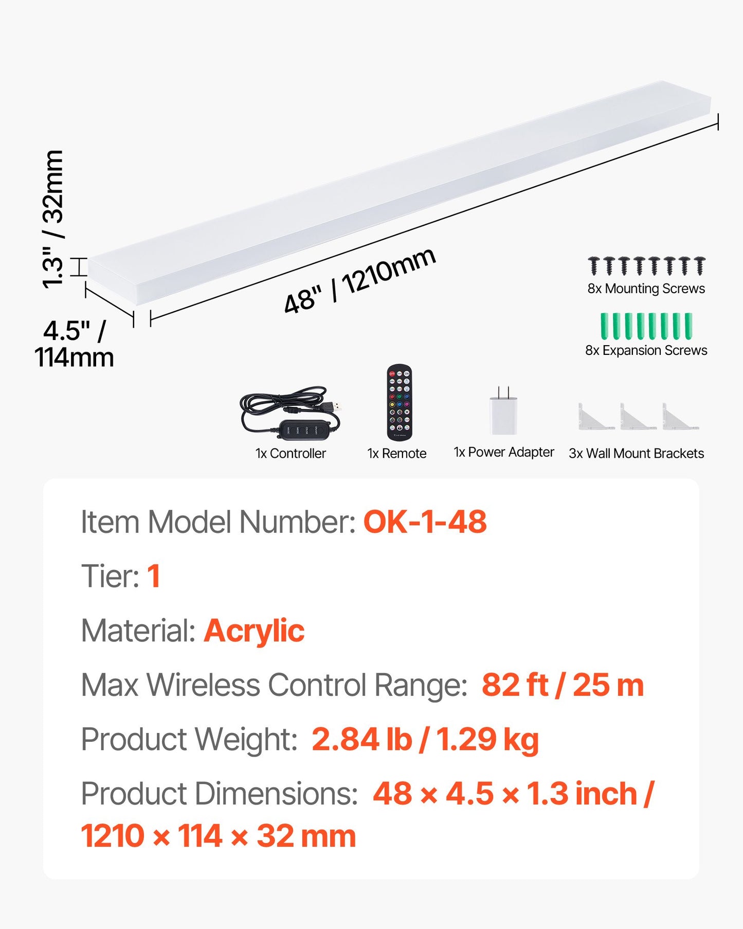 LED Lighted Liquor Bottle Display, 1-Tier 48 Inches Whiskey Rack, Supports USB, Illuminated Home Bar Shelf with RF Remote & App Control, 7 Static Colors, Acrylic Lighted Shelf for 12 Bottles