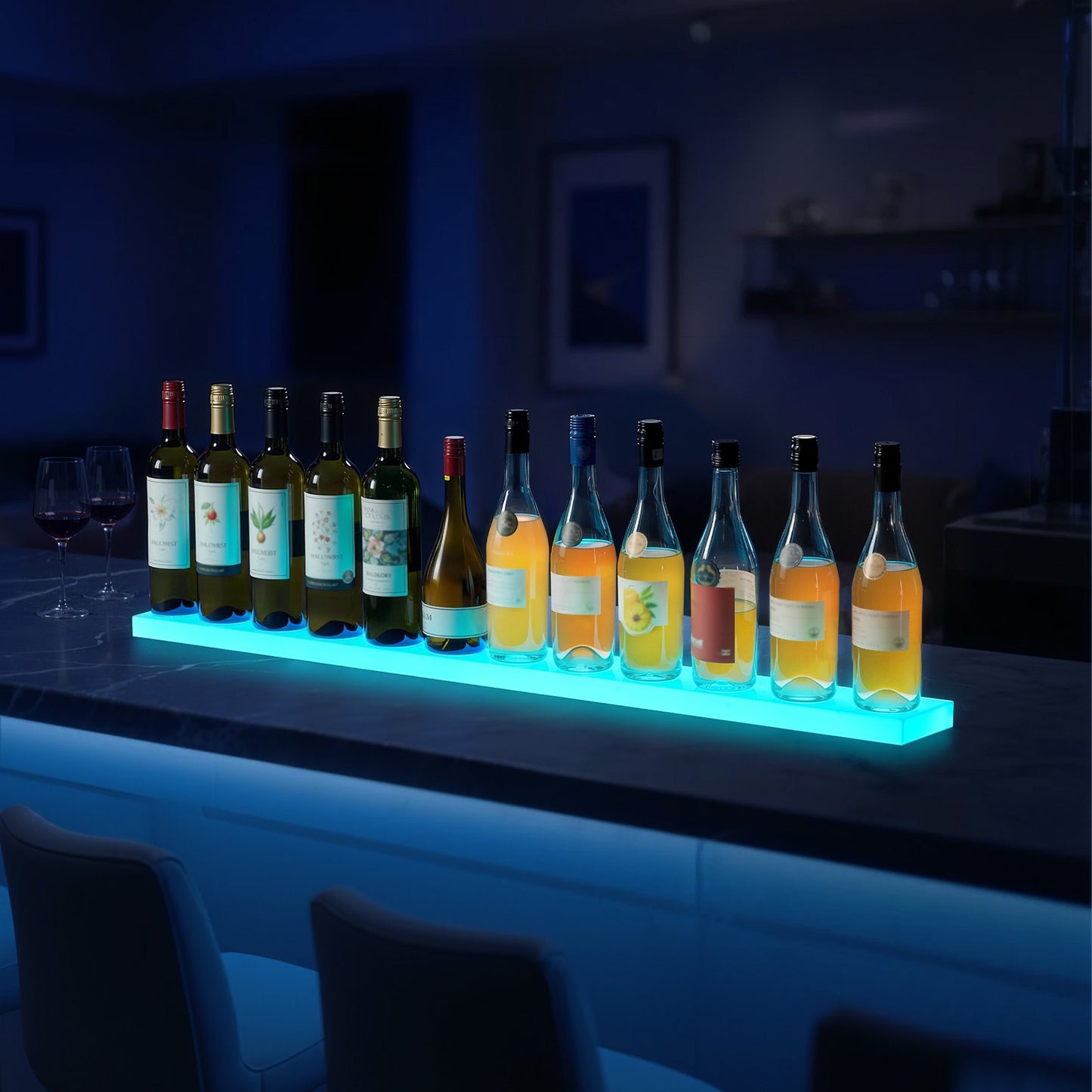 LED Lighted Liquor Bottle Display, 1-Tier 48 Inches Whiskey Rack, Supports USB, Illuminated Home Bar Shelf with RF Remote & App Control, 7 Static Colors, Acrylic Lighted Shelf for 12 Bottles