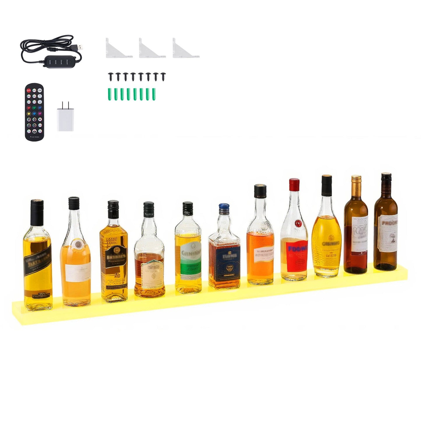 LED Lighted Liquor Bottle Display, 1-Tier 48 Inches Whiskey Rack, Supports USB, Illuminated Home Bar Shelf with RF Remote & App Control, 7 Static Colors, Acrylic Lighted Shelf for 12 Bottles
