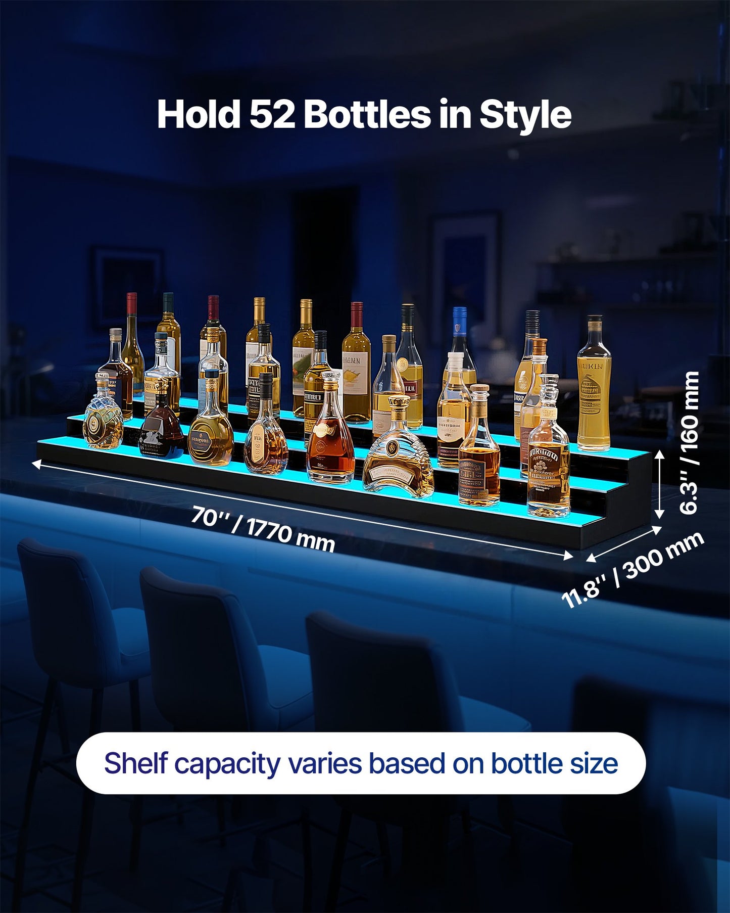 LED Lighted Liquor Bottle Display, 3-Tier 70 Inch, Illuminated Home Bar Shelf with RF Remote & App Control, 7 Static Colors, Acrylic Lighted Whiskey Shelf for 52 Bottles, Powered by Adapter Only