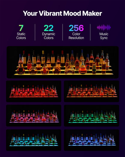 LED Lighted Liquor Bottle Display, 3-Tier 70 Inch, Illuminated Home Bar Shelf with RF Remote & App Control, 7 Static Colors, Acrylic Lighted Whiskey Shelf for 52 Bottles, Powered by Adapter Only