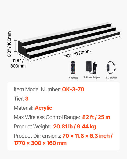 LED Lighted Liquor Bottle Display, 3-Tier 70 Inch, Illuminated Home Bar Shelf with RF Remote & App Control, 7 Static Colors, Acrylic Lighted Whiskey Shelf for 52 Bottles, Powered by Adapter Only