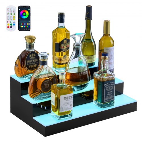LED Lighted Liquor Bottle Display, 3 Tiers 20 Inches Whiskey Rack, Supports USB, Illuminated Home Bar Shelf with RF Remote & App Control, 9 Static Colors, Acrylic Lighted Shelf for 15 Bottles