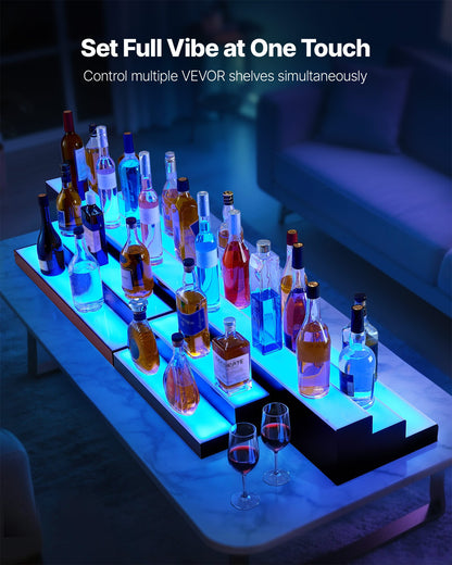 LED Lighted Liquor Bottle Display, 3 Tiers 20 Inches Whiskey Rack, Supports USB, Illuminated Home Bar Shelf with RF Remote & App Control, 9 Static Colors, Acrylic Lighted Shelf for 15 Bottles