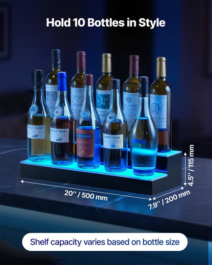 LED Lighted Liquor Bottle Display, 2 Tiers 20 Inches Whiskey Rack, Supports USB, Illuminated Home Bar Shelf with RF Remote & App Control, 9 Static Colors, Acrylic Lighted Shelf for 10 Bottles