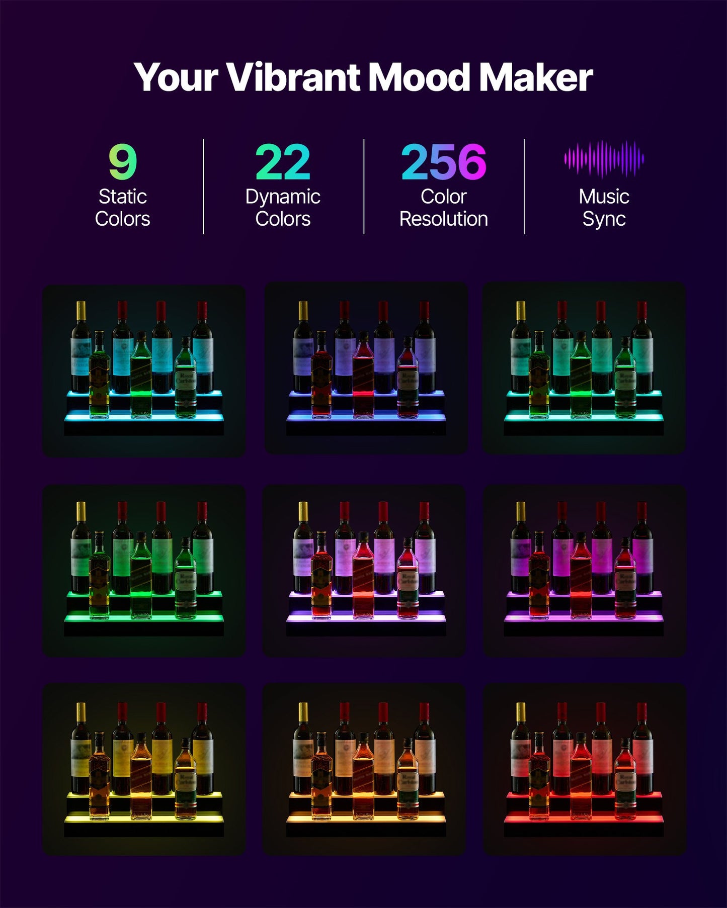 LED Lighted Liquor Bottle Display, 2 Tiers 20 Inches Whiskey Rack, Supports USB, Illuminated Home Bar Shelf with RF Remote & App Control, 9 Static Colors, Acrylic Lighted Shelf for 10 Bottles