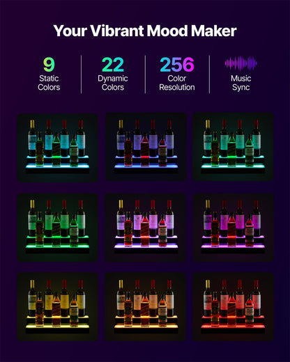LED Lighted Liquor Bottle Display, 2 Tiers 20 Inches Whiskey Rack, Supports USB, Illuminated Home Bar Shelf with RF Remote & App Control, 9 Static Colors, Acrylic Lighted Shelf for 10 Bottles