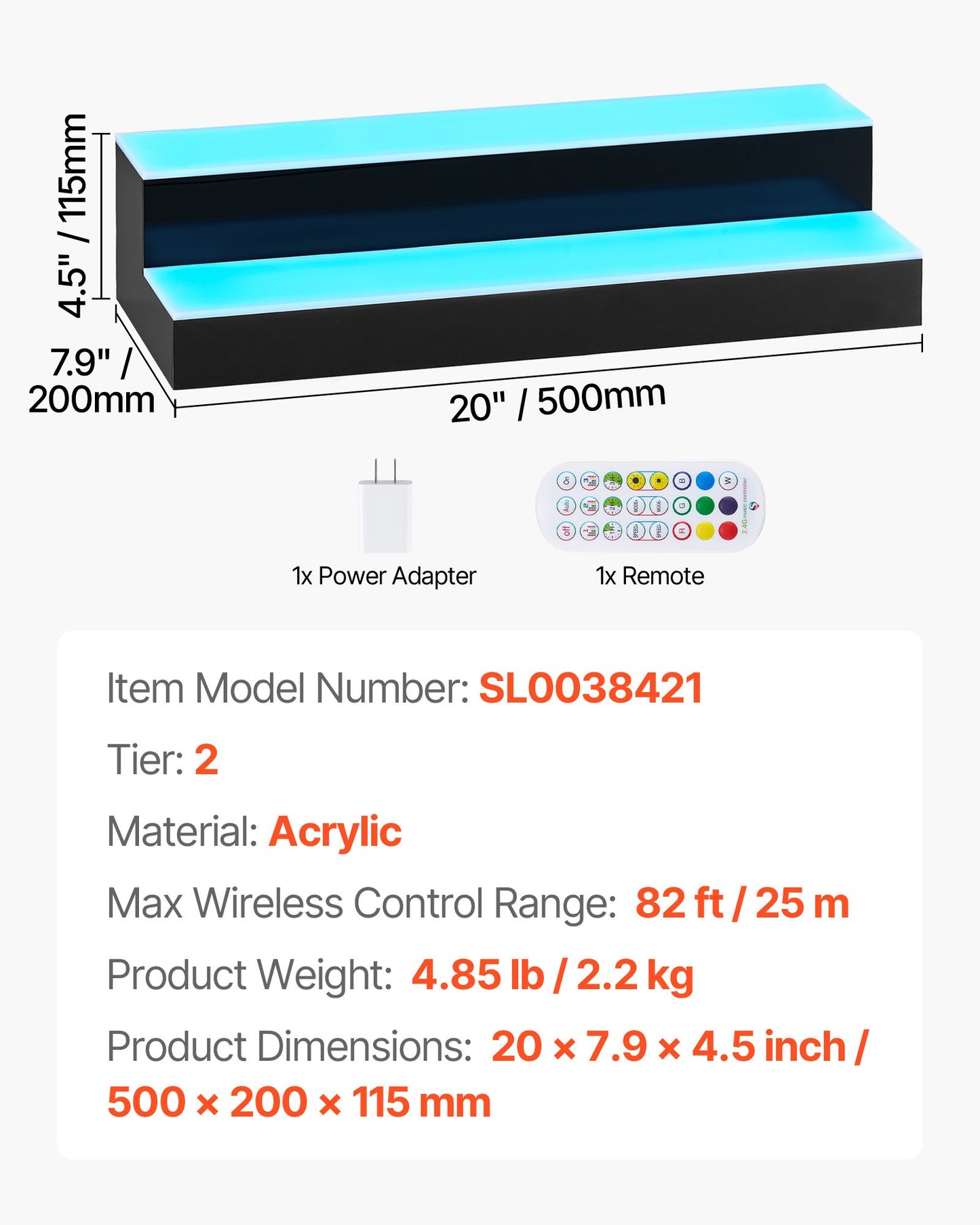 LED Lighted Liquor Bottle Display, 2 Tiers 20 Inches Whiskey Rack, Supports USB, Illuminated Home Bar Shelf with RF Remote & App Control, 9 Static Colors, Acrylic Lighted Shelf for 10 Bottles