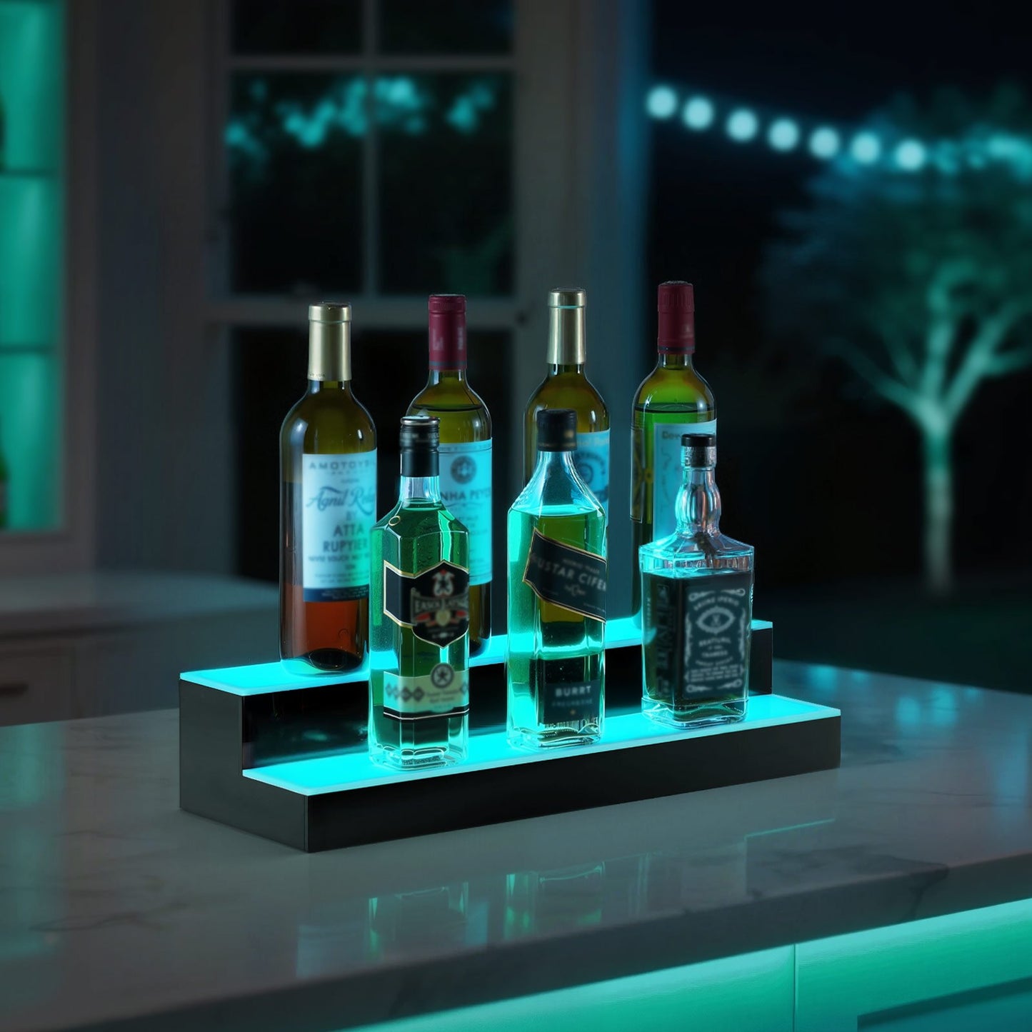 LED Lighted Liquor Bottle Display, 2 Tiers 20 Inches Whiskey Rack, Supports USB, Illuminated Home Bar Shelf with RF Remote & App Control, 9 Static Colors, Acrylic Lighted Shelf for 10 Bottles