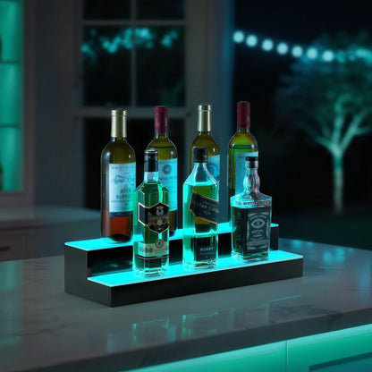 LED Lighted Liquor Bottle Display, 2 Tiers 20 Inches Whiskey Rack, Supports USB, Illuminated Home Bar Shelf with RF Remote & App Control, 9 Static Colors, Acrylic Lighted Shelf for 10 Bottles