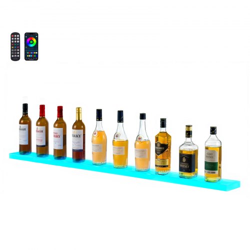 LED Lighted Liquor Bottle Display, 1-Tier 60 Inches Whiskey Rack, Supports USB, Illuminated Home Bar Shelf with RF Remote & App Control, 7 Static Colors, Acrylic Lighted Shelf for 15 Bottles
