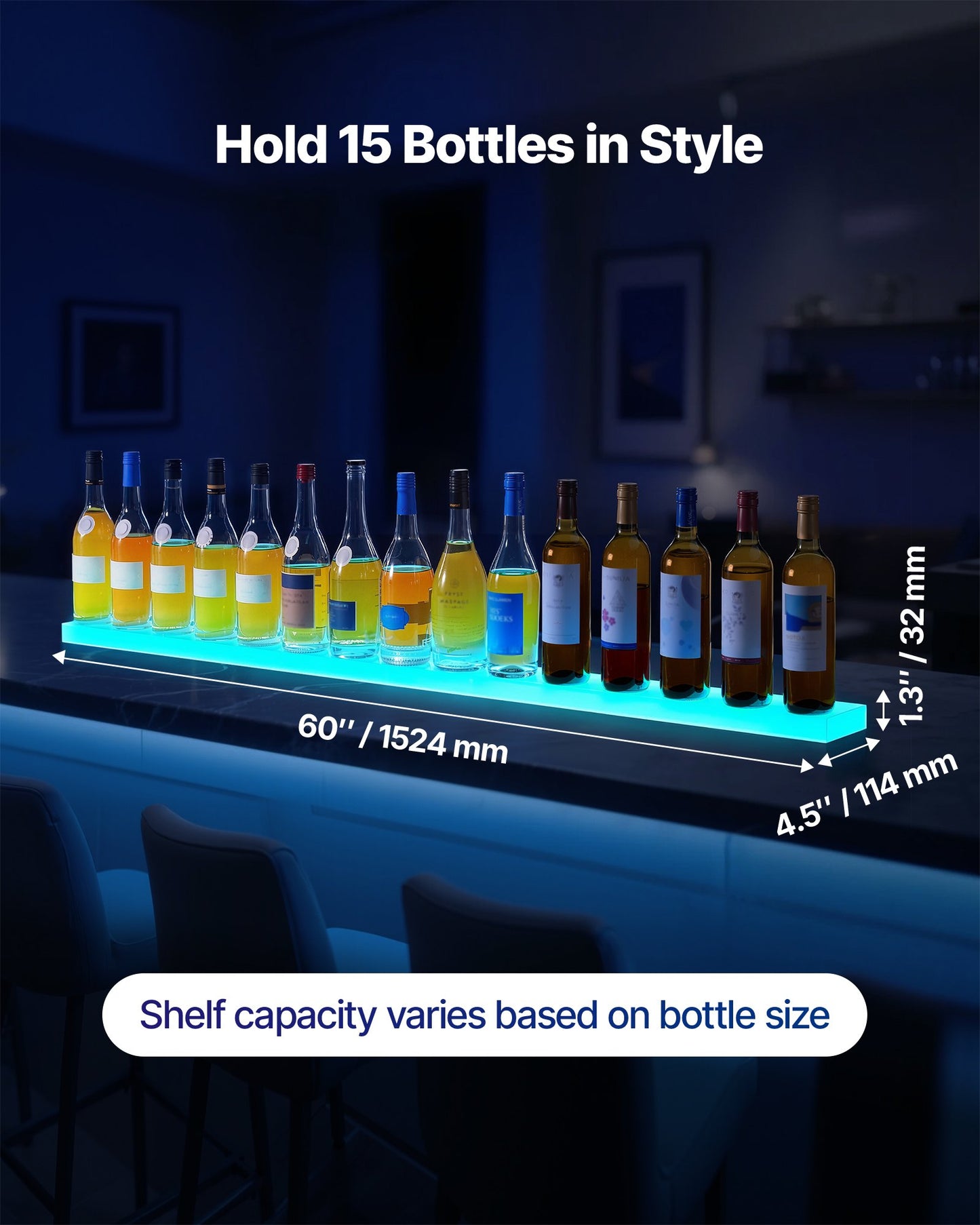 LED Lighted Liquor Bottle Display, 1-Tier 60 Inches Whiskey Rack, Supports USB, Illuminated Home Bar Shelf with RF Remote & App Control, 7 Static Colors, Acrylic Lighted Shelf for 15 Bottles