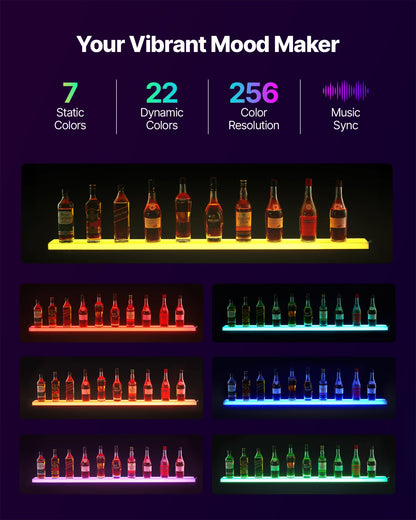 LED Lighted Liquor Bottle Display, 1-Tier 60 Inches Whiskey Rack, Supports USB, Illuminated Home Bar Shelf with RF Remote & App Control, 7 Static Colors, Acrylic Lighted Shelf for 15 Bottles