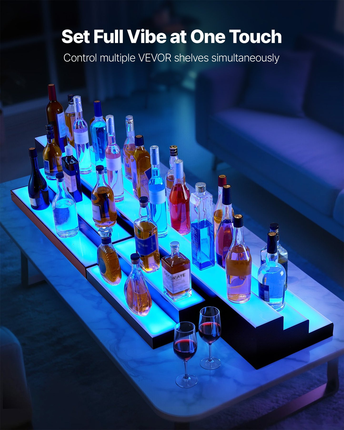 LED Lighted Liquor Bottle Display, 1-Tier 60 Inches Whiskey Rack, Supports USB, Illuminated Home Bar Shelf with RF Remote & App Control, 7 Static Colors, Acrylic Lighted Shelf for 15 Bottles