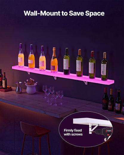 LED Lighted Liquor Bottle Display, 1-Tier 60 Inches Whiskey Rack, Supports USB, Illuminated Home Bar Shelf with RF Remote & App Control, 7 Static Colors, Acrylic Lighted Shelf for 15 Bottles