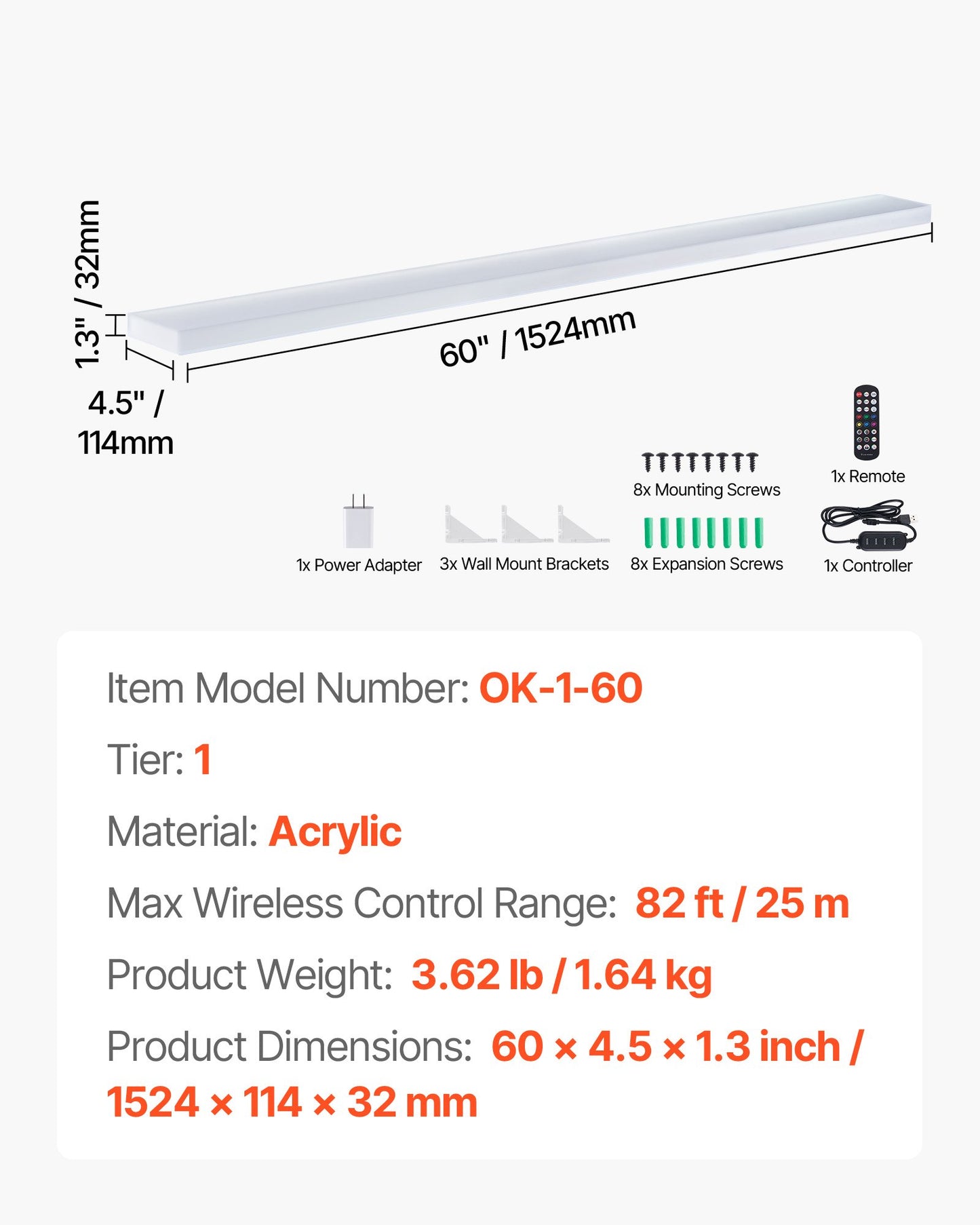 LED Lighted Liquor Bottle Display, 1-Tier 60 Inches Whiskey Rack, Supports USB, Illuminated Home Bar Shelf with RF Remote & App Control, 7 Static Colors, Acrylic Lighted Shelf for 15 Bottles