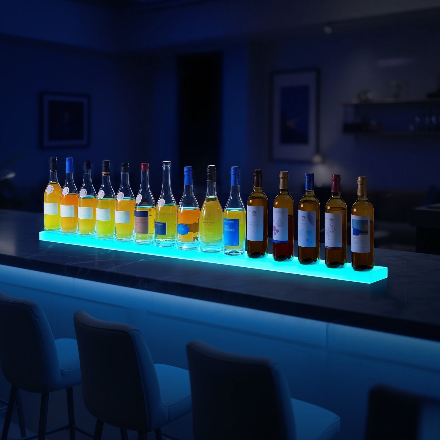 LED Lighted Liquor Bottle Display, 1-Tier 60 Inches Whiskey Rack, Supports USB, Illuminated Home Bar Shelf with RF Remote & App Control, 7 Static Colors, Acrylic Lighted Shelf for 15 Bottles