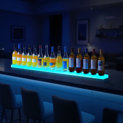 LED Lighted Liquor Bottle Display, 1-Tier 60 Inches Whiskey Rack, Supports USB, Illuminated Home Bar Shelf with RF Remote & App Control, 7 Static Colors, Acrylic Lighted Shelf for 15 Bottles