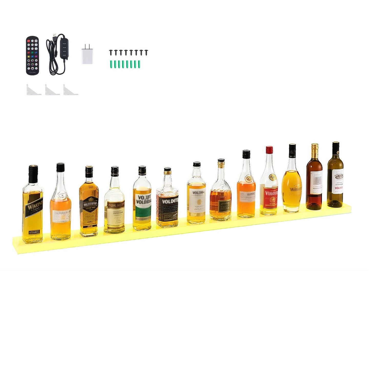 LED Lighted Liquor Bottle Display, 1-Tier 60 Inches Whiskey Rack, Supports USB, Illuminated Home Bar Shelf with RF Remote & App Control, 7 Static Colors, Acrylic Lighted Shelf for 15 Bottles