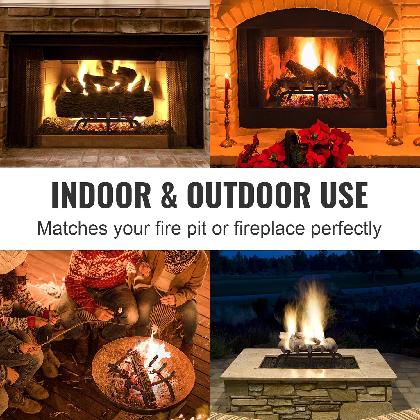 Fireplace Grate, 24 Inch Heavy Duty Fire Grate with 6 Support Legs, 3/4'' Solid Powder Coated Steel Bars, Wood Burning Holder for Indoor and Outdoor Fireplace