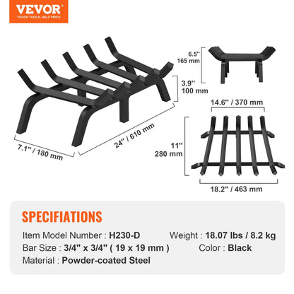 Fireplace Grate, 24 Inch Heavy Duty Fire Grate with 6 Support Legs, 3/4'' Solid Powder Coated Steel Bars, Wood Burning Holder for Indoor and Outdoor Fireplace