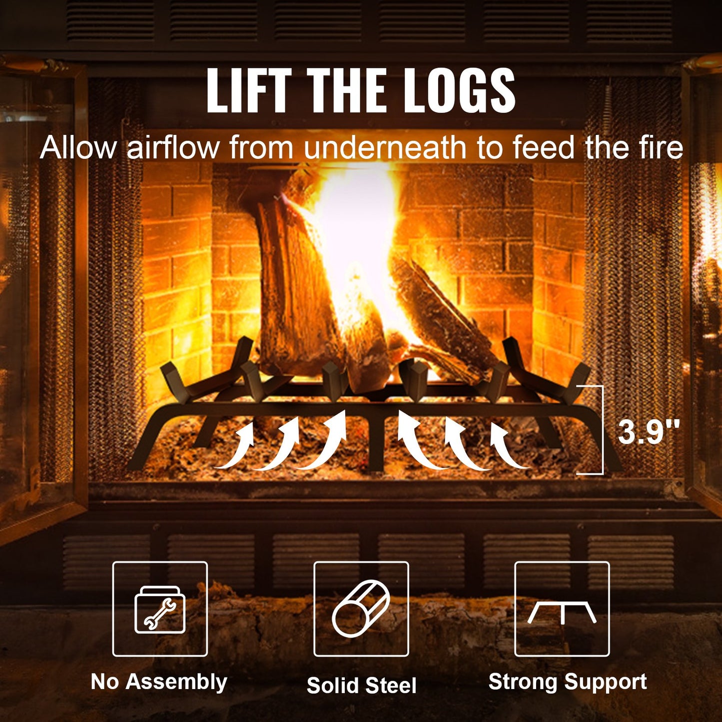 Fireplace Grate, 27 Inch Heavy Duty Fire Grate with 6 Support Legs, 3/4'' Solid Powder Coated Steel Bars, Wood Burning Holder for Indoor and Outdoor Fireplace