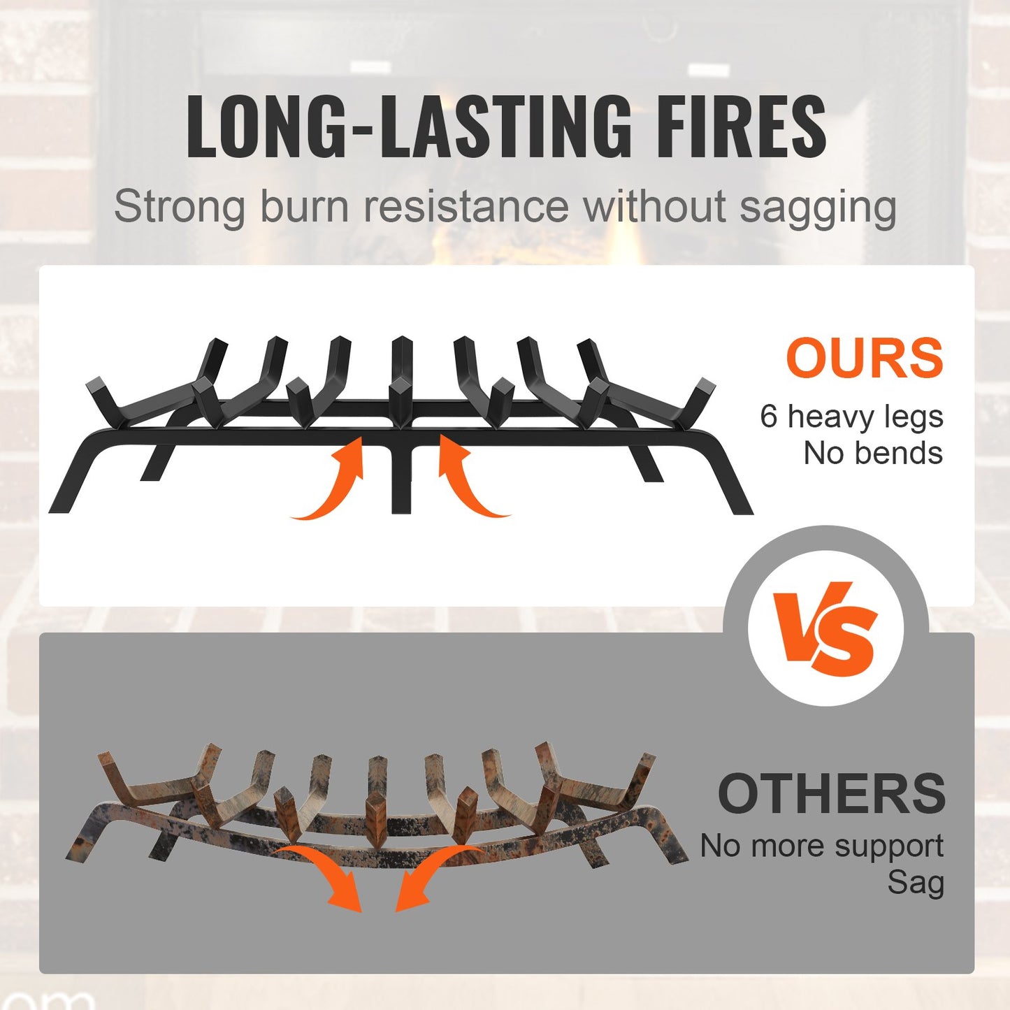 Kaminrost, 30 Zoll Hochleistungs-Feuerrost mit 6 Stützbeinen, 3/4 Zoll massive pulverbeschichtete Stahlstangen, Holzbrennerhalter für Innen- und Außenkamine