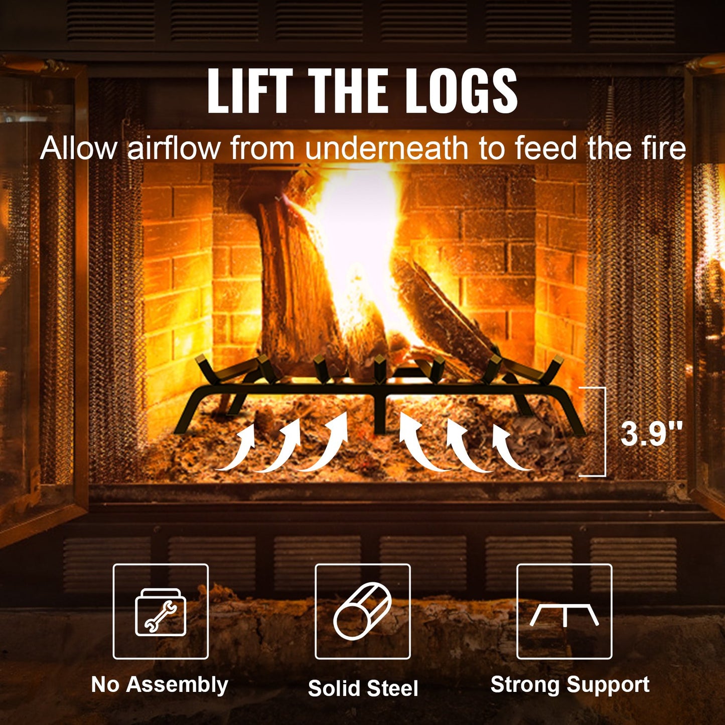 Kaminrost, 30 Zoll Hochleistungs-Feuerrost mit 6 Stützbeinen, 3/4 Zoll massive pulverbeschichtete Stahlstangen, Holzbrennerhalter für Innen- und Außenkamine