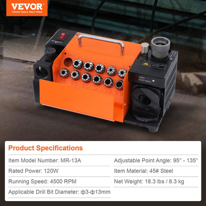 MR-13A Drill Bits Sharpener 3-13mm Bits Grinder Sharpener & 11 Collets