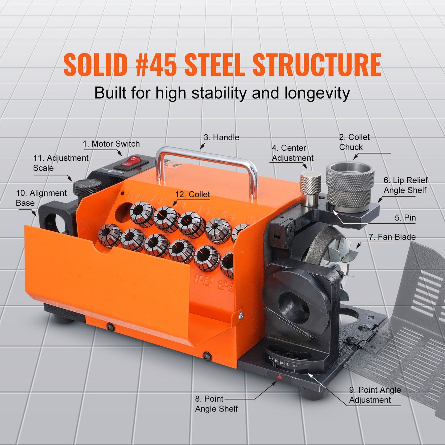 Bohrerschleifer, MR-13A Bitschleifer 3-13 mm, 95° bis 135° Spitzenwinkel einstellbarer Bohrerschleifer, tragbare Schleifmaschine mit 11 Spannzangen, CBN- und SDC-Scheiben