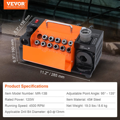 Drill Bits Sharpener, 3-13mm Drill Bits Grinder Sharpener, Lip Relief Angle & 95°-135° Point Angle Adjustable Drill Bit Re-Sharpener, Portable Sharpening Machine with 11 Collets, CBN & SDC Wheel
