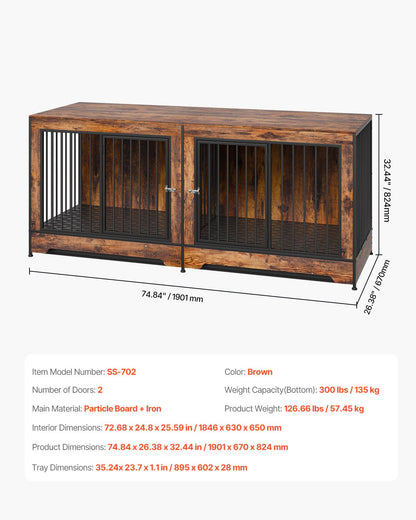 Dog Crate Furniture 75 Hundehütte aus Holz für den Innenbereich mit Trennwand und Tablett