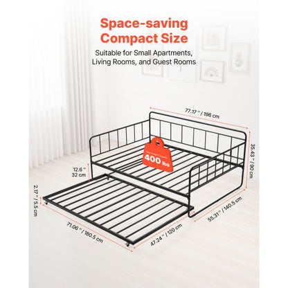 Dagbädd i full storlek med metallram, utdragbar säng och metallribbor