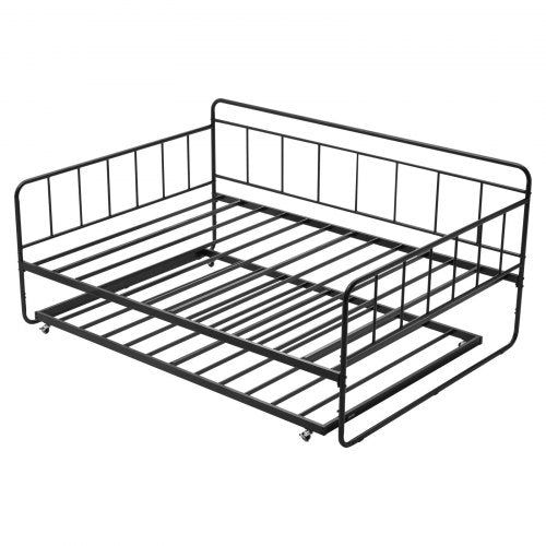 Full Size Daybed Frame, Day Bed with Trundle, Heavy Duty Metal Platform Bed Frame, Full Daybed with Metal Slats Support for Living Room, Bedroom, Guest Room, Easy Assembly, Black